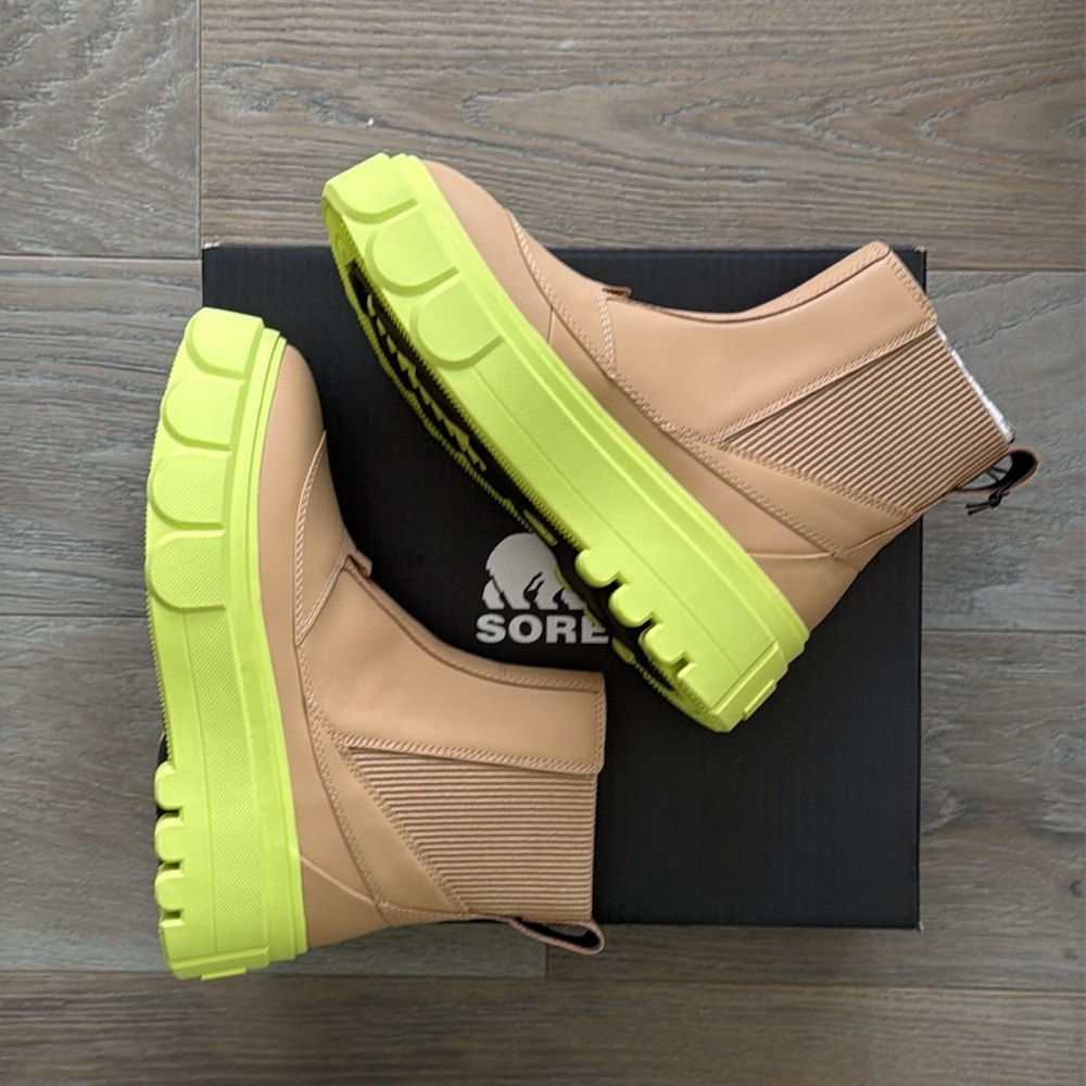 SOREL Leather Caribou™ X Chelsea Waterproof Boot in Tan w/ Green Rubber Sole-9 - Picture 9 of 12